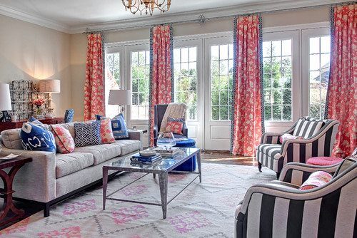 floral drapes in living room